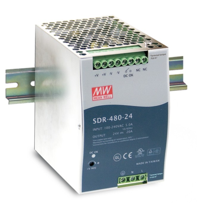 MEANWELL SDR-480-24 Netzteil Hutschiene 24V / 20A, 85 x 125 x 128mm (LxBxH)